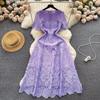 Abito Estivo Donna Vintage Casual in Pizzo Scollo O Manica a Farfalla Zip Gancio Fiore Intrecciato Slim Ricamo Lungo
