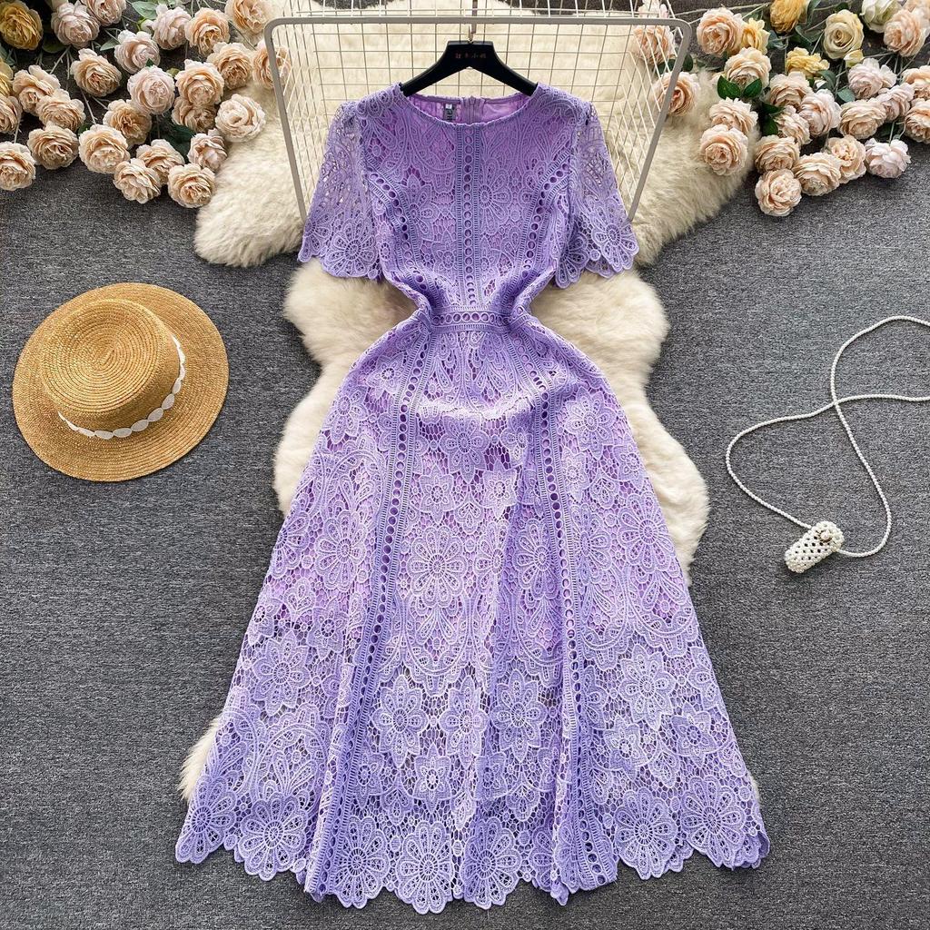 Abito Estivo Donna Vintage Casual in Pizzo Scollo O Manica a Farfalla Zip Gancio Fiore Intrecciato Slim Ricamo Lungo