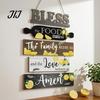 Kitchen Wall Plaque with Rope Wooden Decor, 5 Panel Bless Food Family Love Entryway Decorative Hanging Sign Sign, Farmhouse Art for Dining Room Living