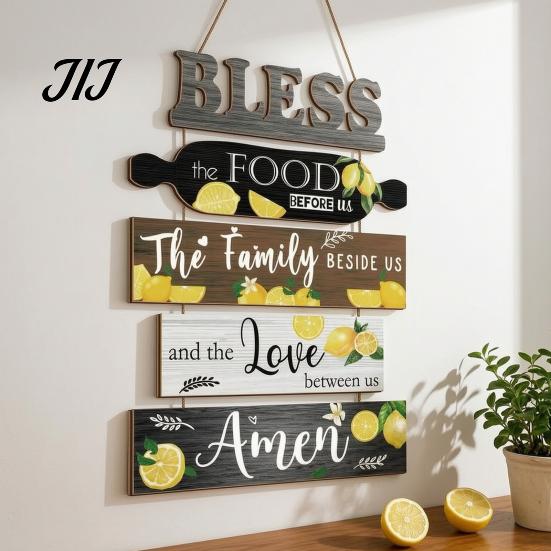 Kitchen Wall Plaque with Rope Wooden Decor, 5 Panel Bless Food Family Love Entryway Decorative Hanging Sign Sign, Farmhouse Art for Dining Room Living