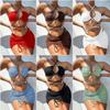 Damen Sexy Solid Bikini Set 3-teiliges Bademode Set Gepolsterter Neckholder Rückenfrei Oberteil Slip Kordelzug Cover-up Badeanzug Bandage Badeanzug