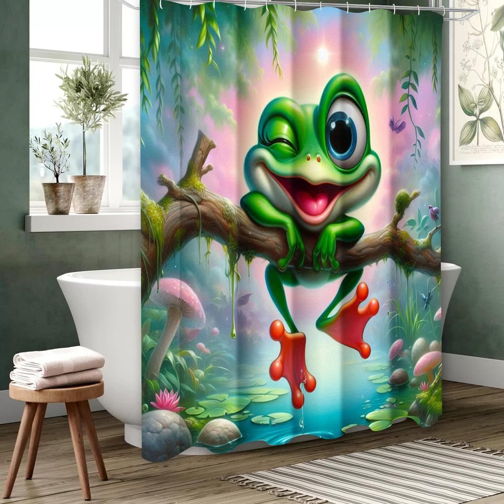 Animal Frog And Lotus Bathing Curtain  Bathroom Shower Curtain Waterproof With 12 Hooks Home Deco Free Ship