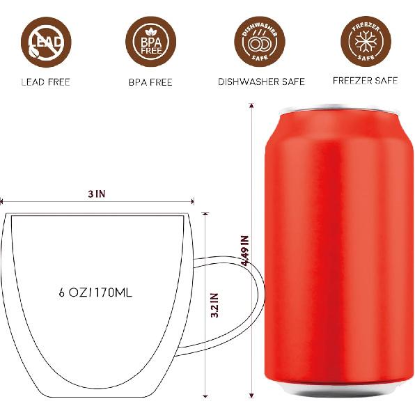 Espresso Cups Set of 4, 6oz /170ml Double Walled Glass Coffee Mugs With Handle, Hand Blown Insulated Espresso Shot Glass Cups,Perfect For