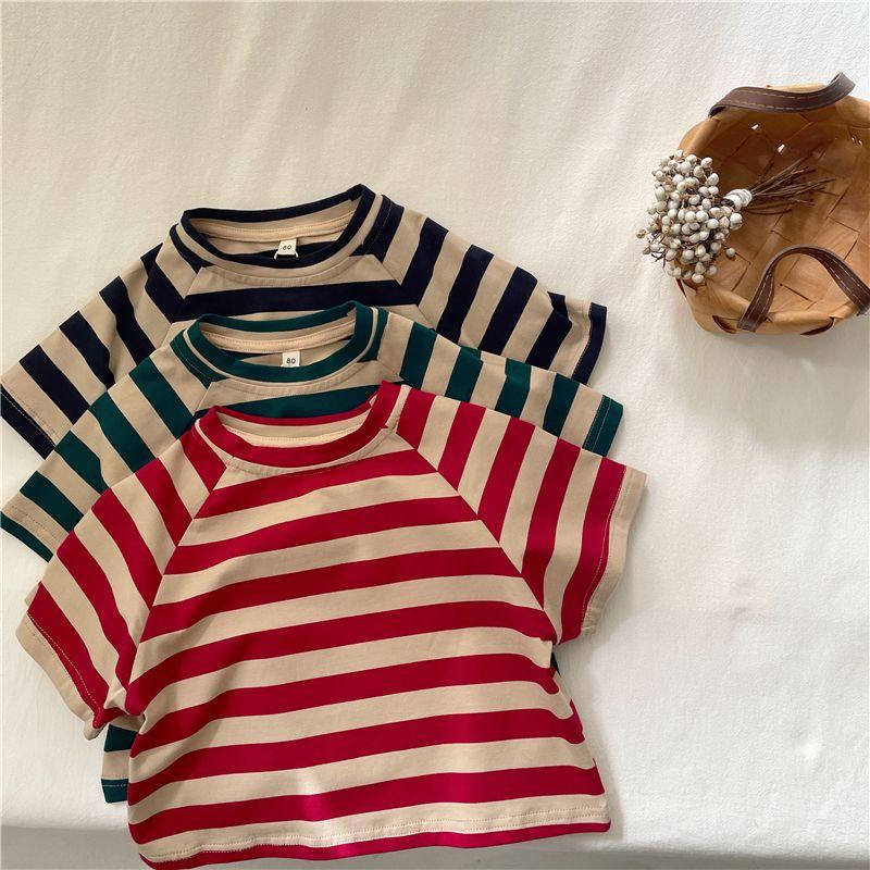Children's Summer Clothing Korean Loose Striped Short Sleeved T-shirt Boys and Girls Stylish Versatile Top
