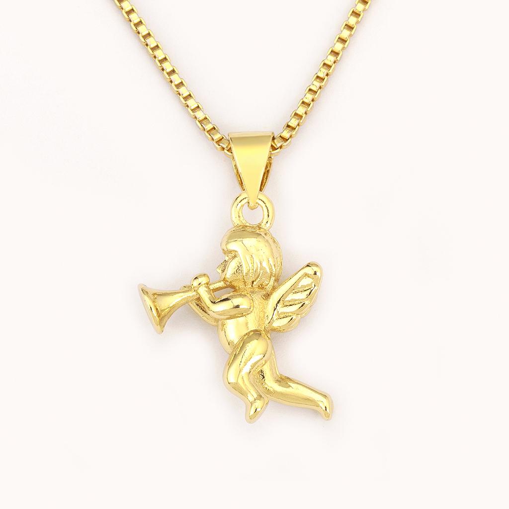 Nidin New Retro Little Angel Blowing Trumpet Shape Copper Pendant Necklace For Women Men Hip-Hop Style Clavicle Chain Jewelry