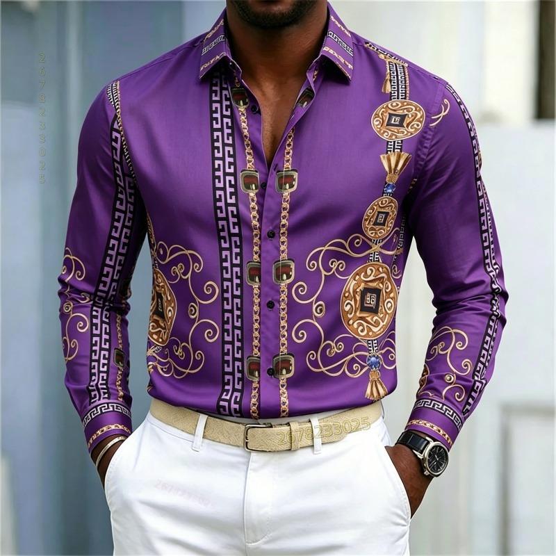 New Men's Shirt Palace Style Shirt Black Gold Pattern Printed Slimming Long Sleeve Shirt Trendy Fashion Casual Men's Wear