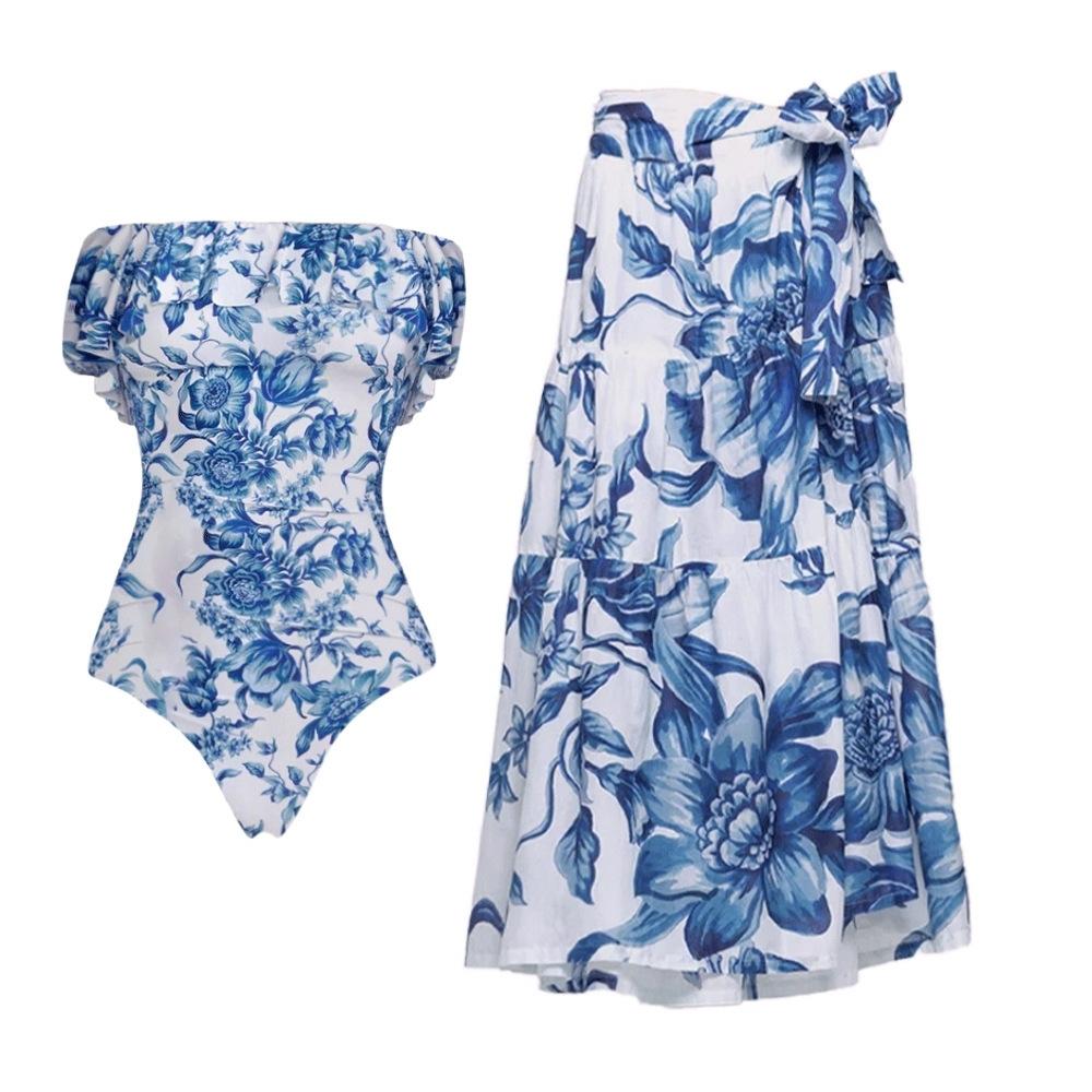 1011 European and American Bikini New Blue Flower Vacation Split Swimsuit Set Female Explosion 19111 No