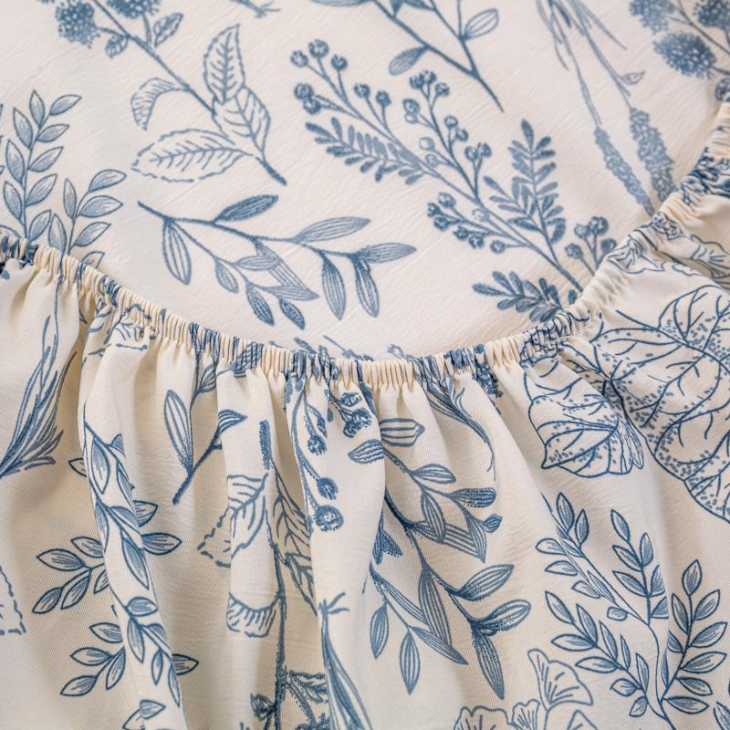 Bed Sheet with Elastic Washed Cotton Blue Flower Printed Fitted Sheet Single/Queen/King Mattress Cover for Double Beds