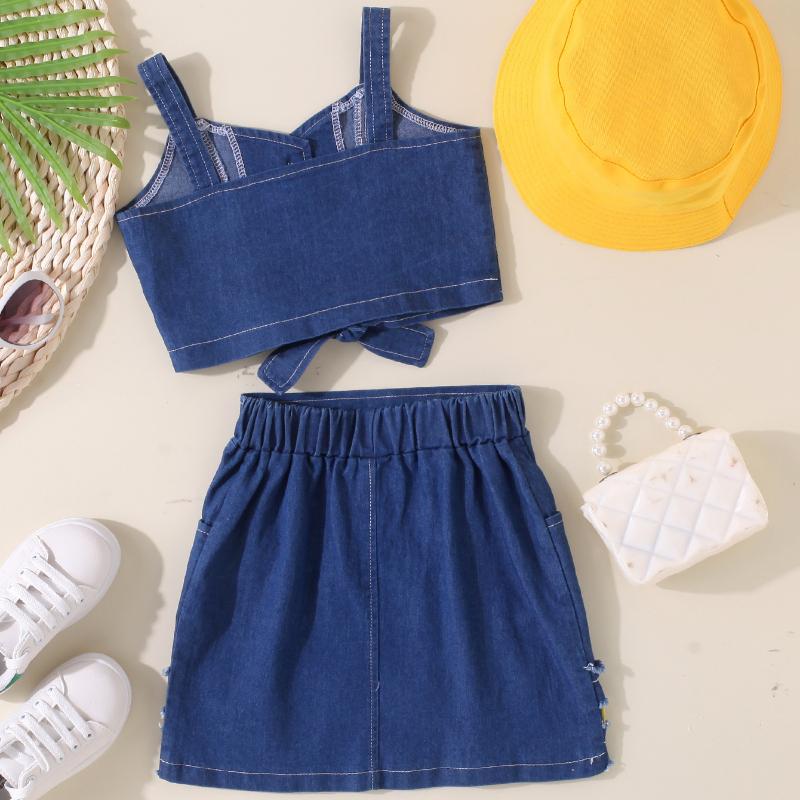Girls' Fashion Set Summer Children's Strappy Top with Fisherman's Hat and Short Skirt Set