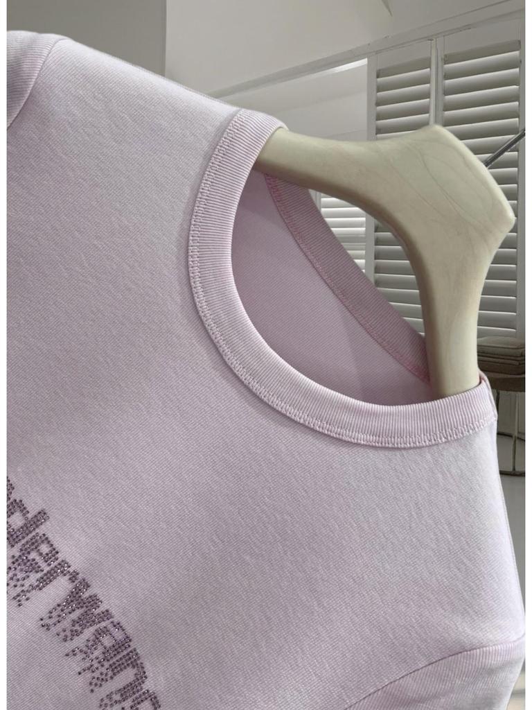 Women's Pink Rhinestone Letter Slim-Fit Round Neck Short Sleeve T-Shirt - Early Spring 2026 Arrival