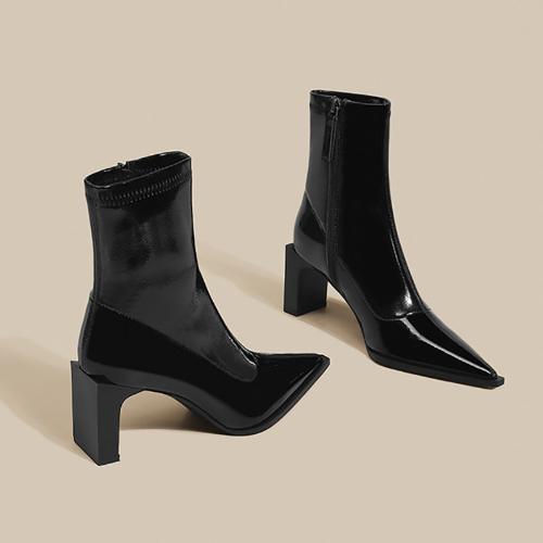 

мода Острый носок Женские ботильоны Модные элегантные лакированные кожаные современные короткие ботильоны Дизайнерские толстые каблуки Botas Mujers 35