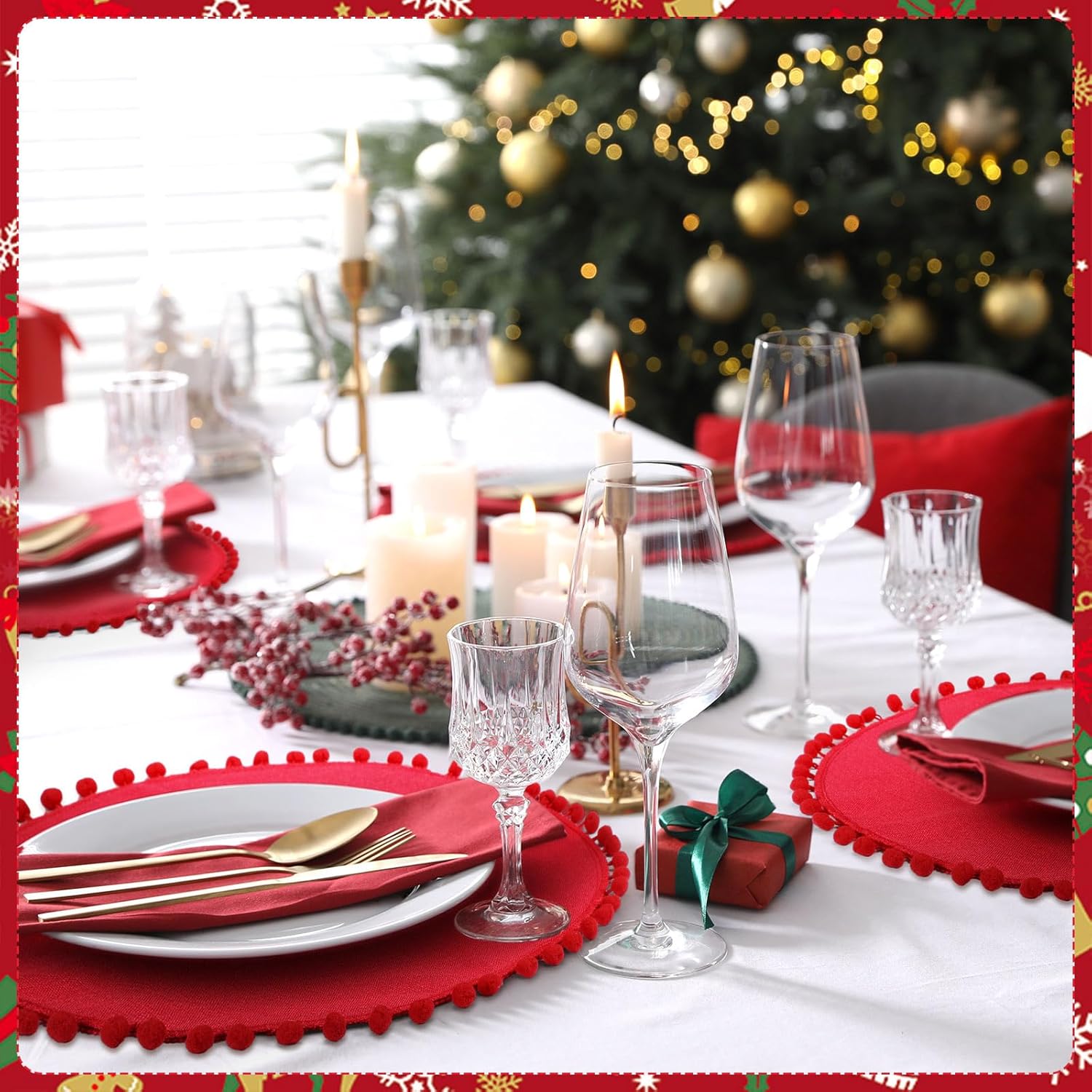 

6 Pcs Red Placemats with Fluffy Balls Rustic Round Table Mats 15 Inch Burlap Round Placemats for Dining Kitchen Wedding Christmas Parties(Red)