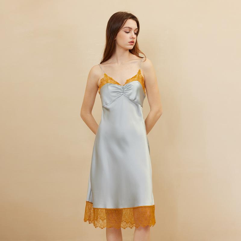 Mulberry Silk Home Slip Nightdress Casual Dresses Silk Suspender Skirt Lace Hem Elegant Dress Sleep Wear Ladies Sexy Nightwear