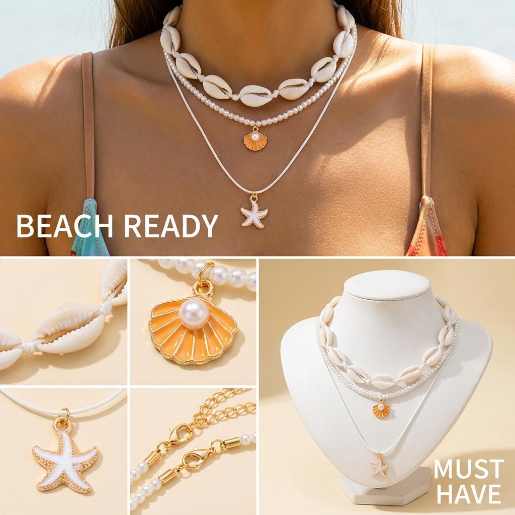 Boho Multilayer Shell Starfish Pendant Necklace for Women Imitation Pearl Conch Layered Chain Choker Girls Beach Party Jewelry