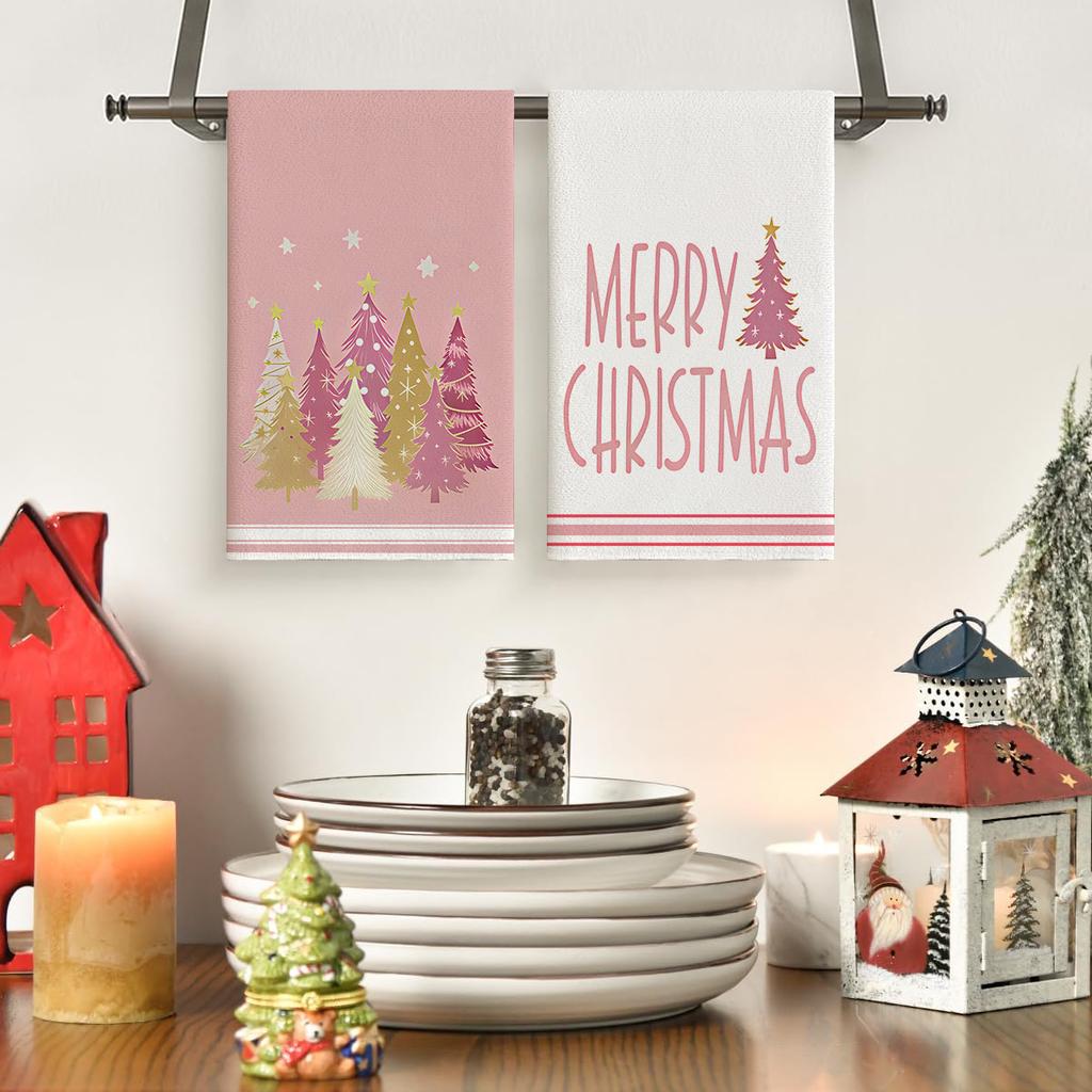 2 Weihnachtlich Rosa Weihnachtsbaum Geschirrtücher, Erhältlich in verschiedenen Farben und Stilen, Multifunktionstücher für Weihnachtsde