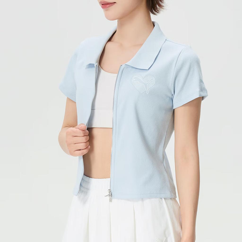 Puma X The Powerpuff Girls Ribbed Slim Fit Zip Short Sleeve T-Shirt Women tops 63746668
