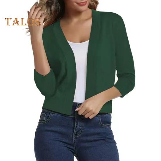 Women Knitting Cardigan Collarless 3/4 Sleeve Short Knitting Jacket Solid Color Open Stitching Knitted Outerwear