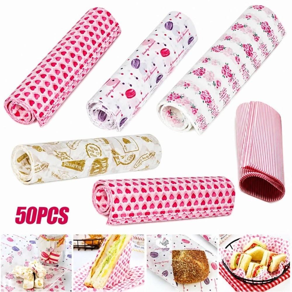 50 Stück Rose/Herz/Macaron-Druck Lebensmittelverpackungspapier Ölbeständiges Backpapier für Hamburger-Sandwiches