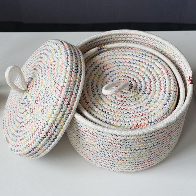 

Woven Cotton Rope Storage Box with Lid - Desktop Organizer for Remotes & Small Items