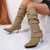 2025 Street Style Pointed Toe Knee-High Boots Women High Heels Female Retro Belt Buckle Pleated Fashion Hot Seller Long Boot