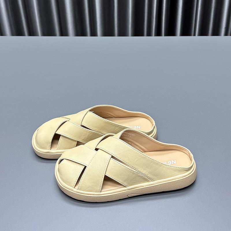 Genuine Leather Bag Head Slippers Women's 2025 Summer New Round Head Thick Bottom Wear Retro Woven Cowhide Casual Cool Slippers