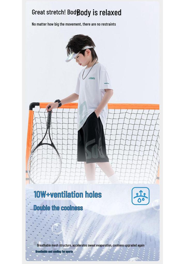 Boys' Ice Silk Summer 2026 Two-Piece Set: Short Sleeve T-shirt & Shorts for Middle and Older Children - Thin Style Sportswear.