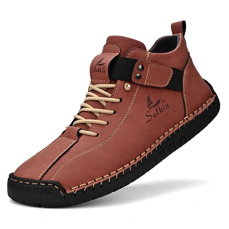 Fashion Winter New Men's Low-top Ankle Boots High Quality Hand-stitched Hook&loop Leather Casual Sneakers Classic Man Shoes Plus Size 48