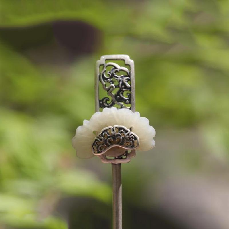 Inlaid Natural Hetian White Jade Hair Jewelry Classic Vintage Ethnic Style Auspicious Cloud Pattern Hanfu Accessory