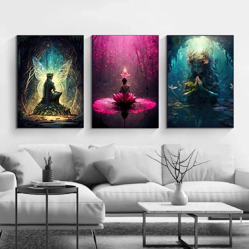 Dark Gothic Fairy Elf Fairy Underwater Mystical Fairy Flower Wing Poster and Print Canvas Painting Wall Art Pictures Home Decor