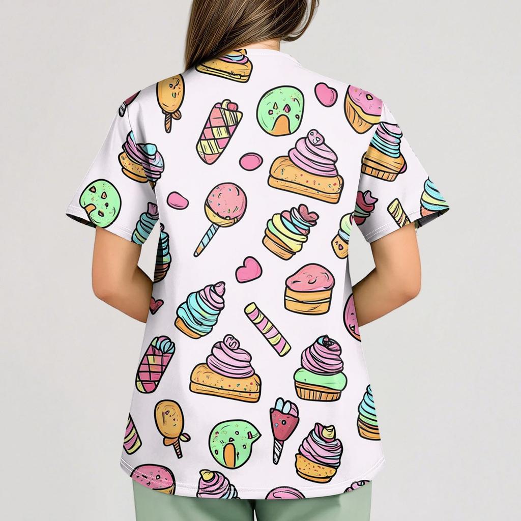 Women's Fruit And Floral Print Loose V-Neck Pocket Short Sleeve Uniform Uniform