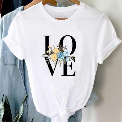 (Asiatische Größe) T-Shirt Top Liebe Blumenbrief Trend niedlich süß Mode Freizeitkleidung T-Shirt Kurzarm Frauen Print Lady weiblich O-Ausschnitt Grafik T-Shirt