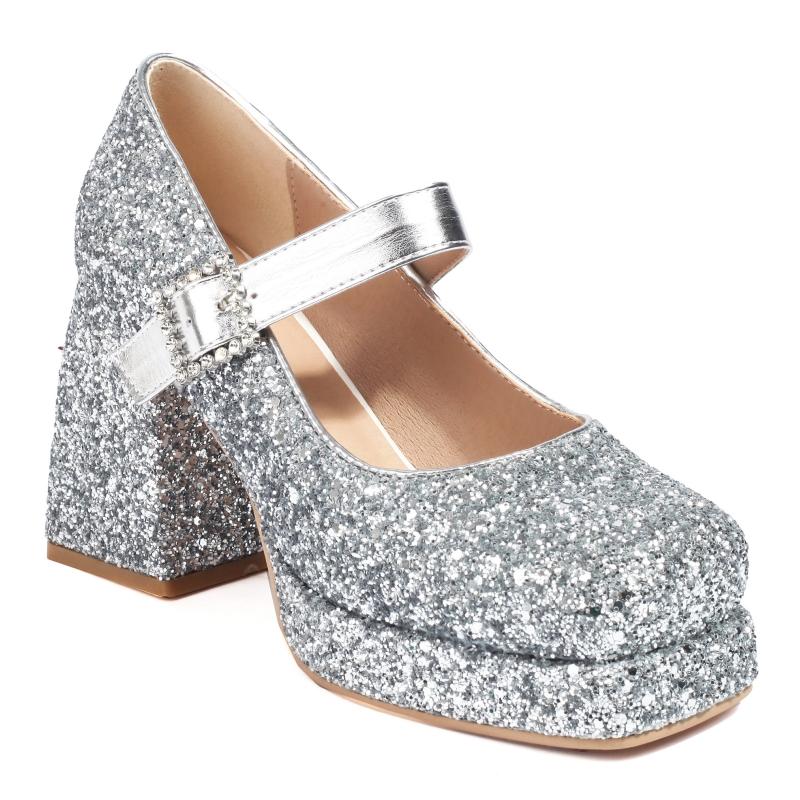 

Женские туфли-лодочки на высоком каблуке, туфли Мэри Джейн на платформе, блестящие, золотистые, серебряные, танцевальные, свадебные, вечерние, женские, большого размера 45 42 серебряный