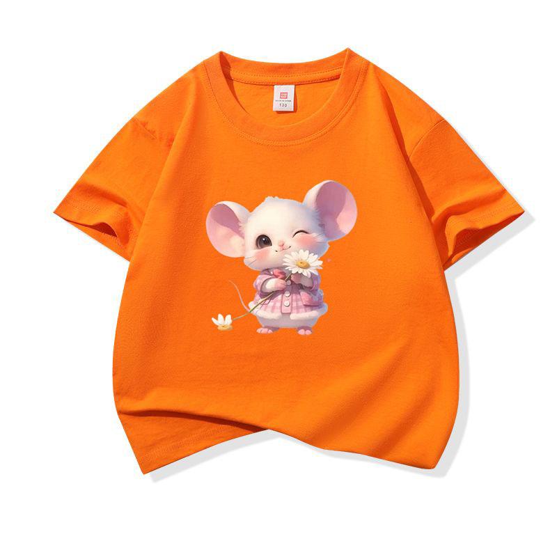 Kids Cotton T Shirt Little Mouse With Daisy Flower Print Crew Neck Short Sleeve Tee Casual Boys Girls Summer Tops