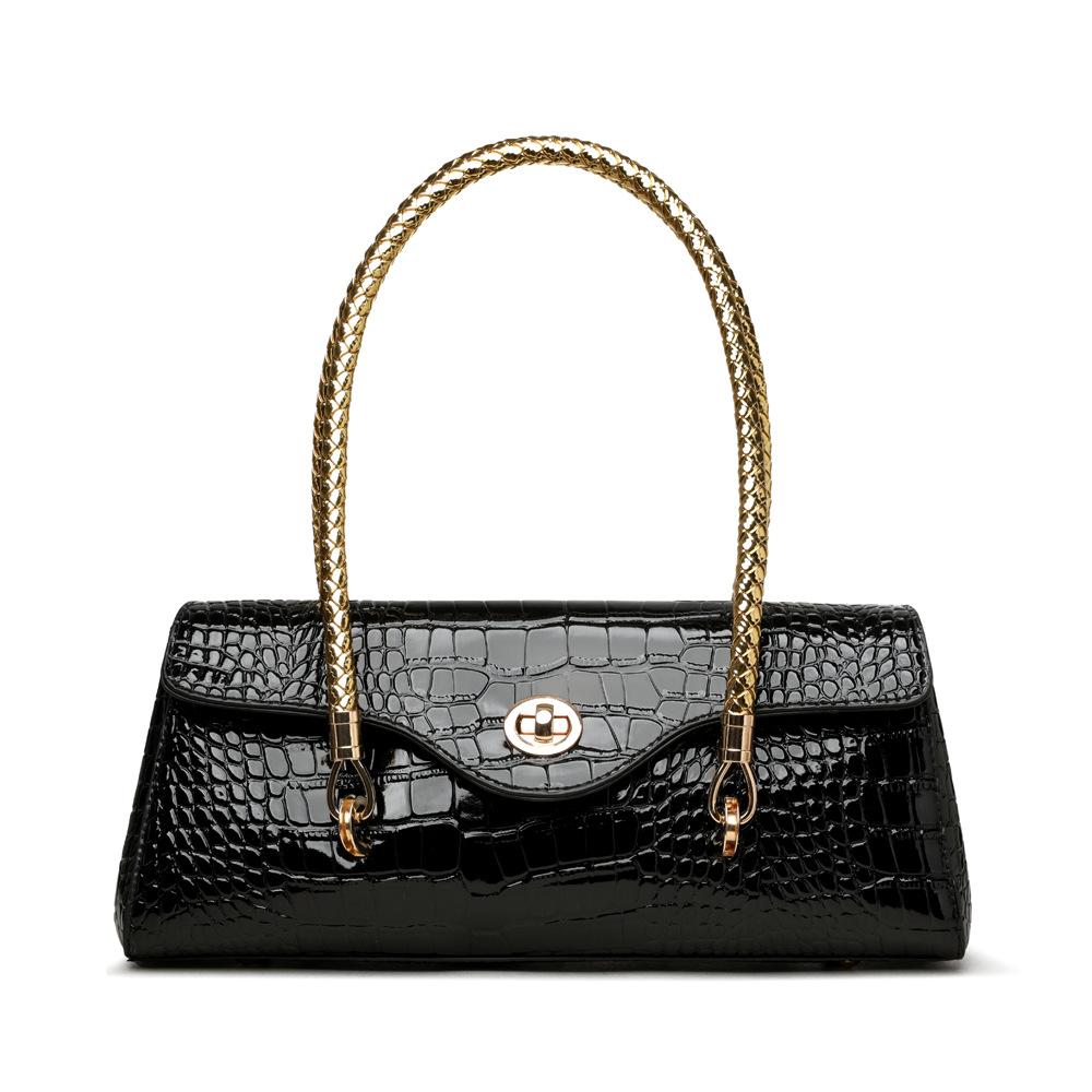 Women's Crocodile Pattern Handbag: Elegant PU Leather Top-Handle Satchel with Gold Chain Straps, Retro Shoulder Bag for Work & Commute