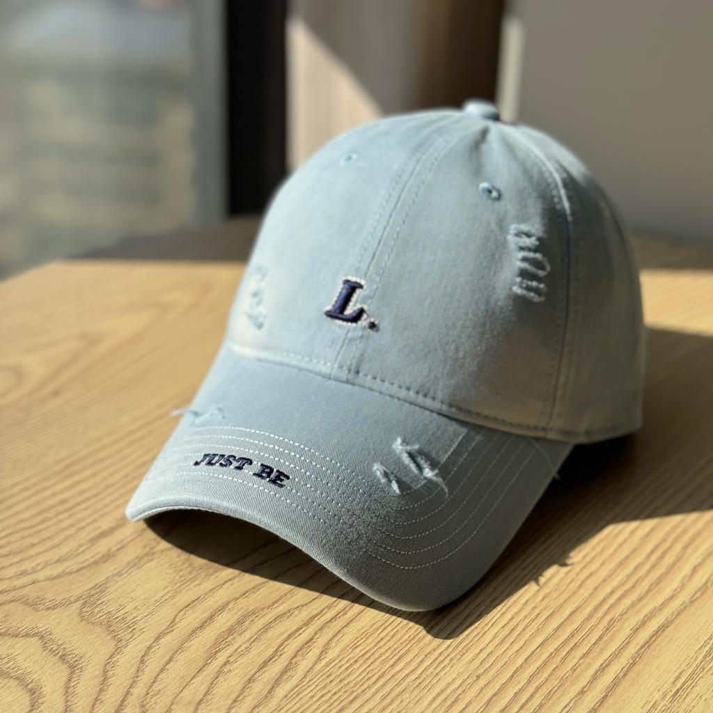 High-quality ripped embroidered baseball cap for women, simple and versatile, blue, for spring and summer L Large head circumference baseball cap