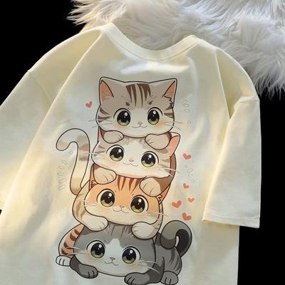 Sevimli Çizgi Film Kedi Baskılı Kadın Yuvarlak Yaka Kısa Kollu Tişört Günlük Bol Çok Yönlü Yazlık Tişört