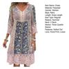 Bohemian Vacation Dress Floral Print Lace Patchwork V Neck Three Quarter Sleeves Loose Knee Length Midi Dress Retro Hollow Out Buttons Women