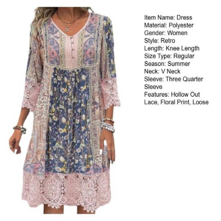 Bohemian Vacation Dress Floral Print Lace Patchwork V Neck Three Quarter Sleeves Loose Knee Length Midi Dress Retro Hollow Out Buttons Women