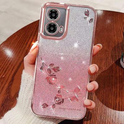 Custodia per Telefono Per Motorola Edge 50 Fusion 5G, Fiore Rosa Flash Trasparente Protezione dagli Urti Lusso Diamante Lucido Copertura Protettiva
