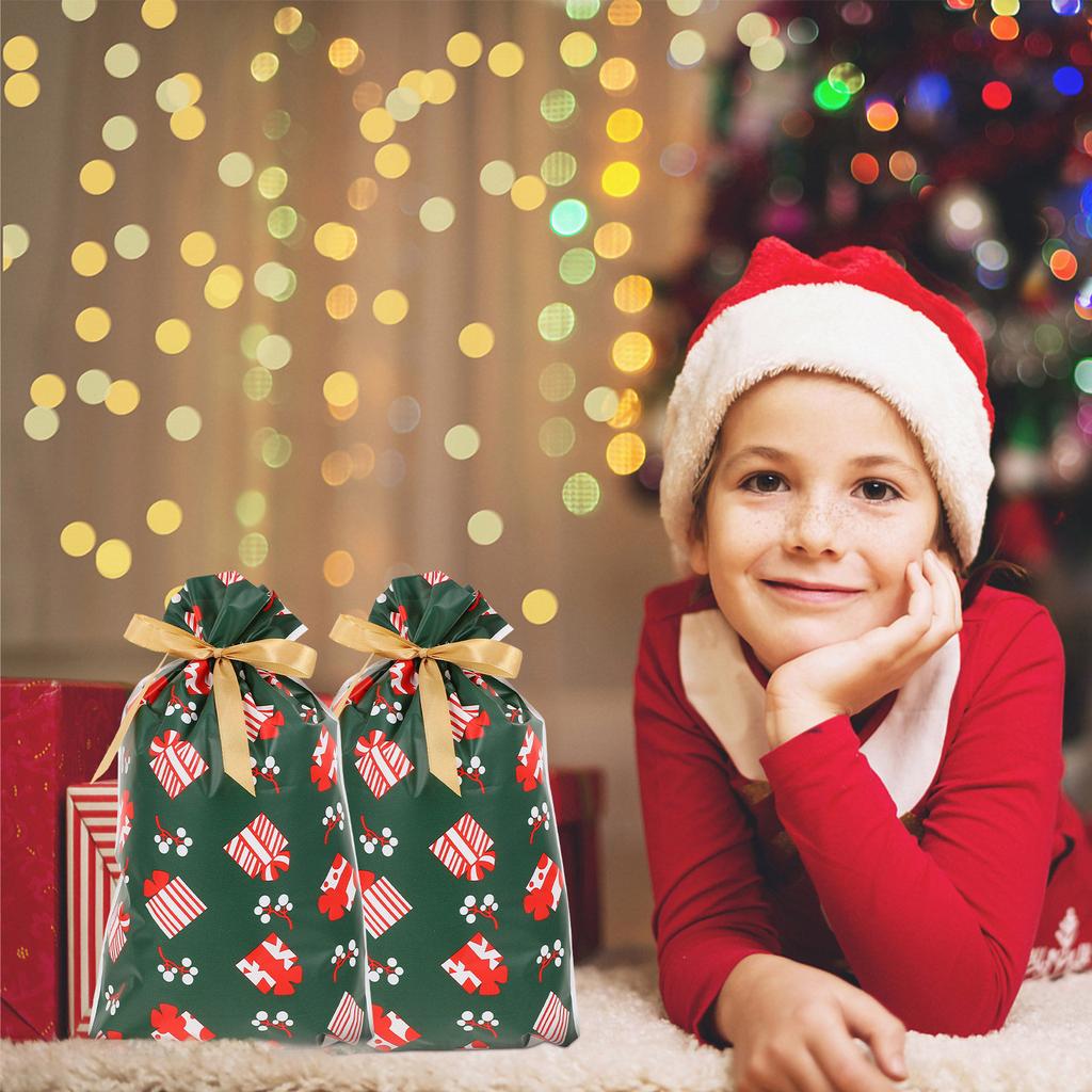 10Pcs Xmas Drawstring Gift Bags Christmas Candy Pouches Bright Festive Colors Wear Resistant Pe Material Easy Seal Party Favor