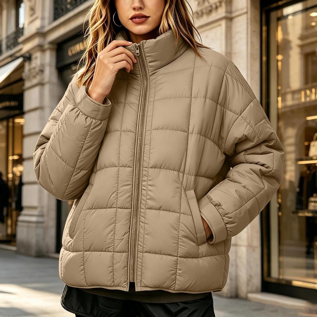 Women's Casual Stand Collar Zip-Up Padded Jacket Quilted Coat for Fall and Winter