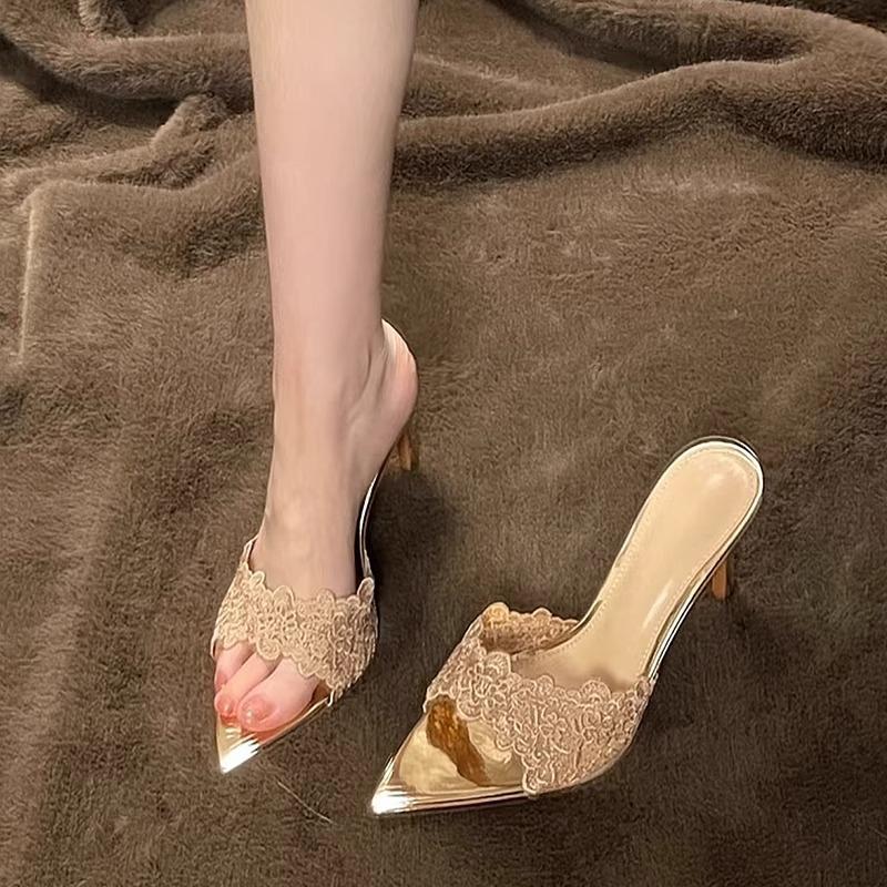 Offene spitze Zehenpartie, einwortiger Slipper aus Spitze und Mesh-Stickerei, Damen-Sommer, neu, sexy Oberbekleidung, Stiletto-High Heels, coole Slipper
