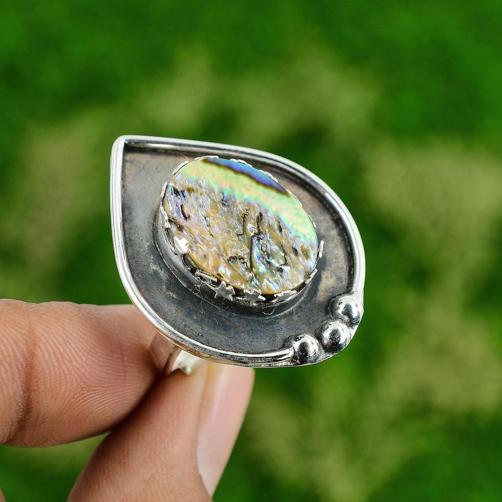Natural Abalone Shell Gemstone 925 Silver Stackable Adjustable Ring For Girls
