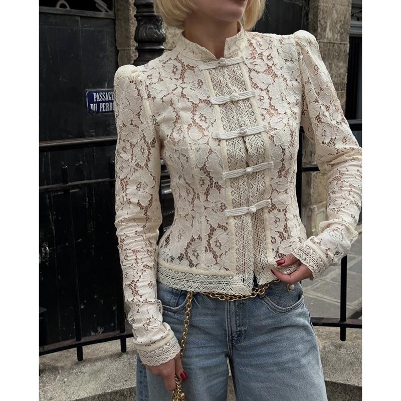 

Новый кружевной крючок Цветок Женская рубашка Мода Повседневная Длинный рукав Кардиган Топ Ретро Приталенный Воротник-стойка Женские блузки S