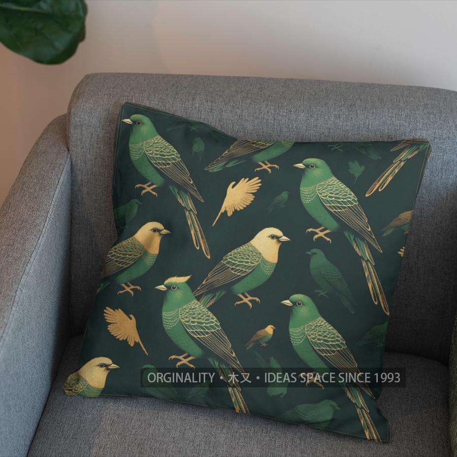 2D Green Birds On Branch Decorative Pillow Cover Pattern Cushion Cover Suitable For Sofa Bedroom Car Pillow Cover