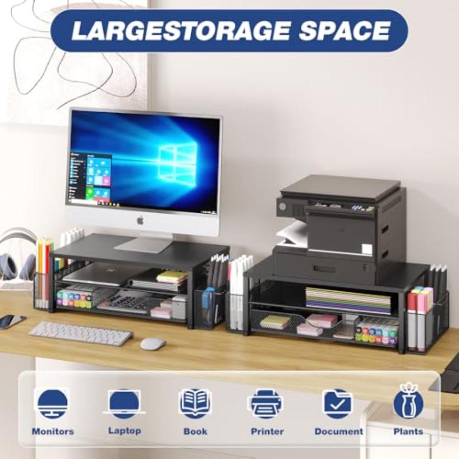 Desk Organizer and Accessories 2-Tier Computer Monitor Stand Riser with Drawer and 2 Pen Holders Laptop Stand Office Desk Acces