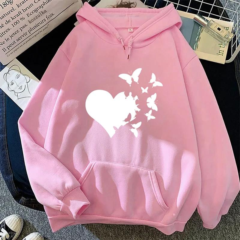 Heart Print Woman Hooded Sweatshirts Autumn Winter Daily Casual Sporty Hoodie Female Urban Fashion Warm Comfortable Hoody Coat