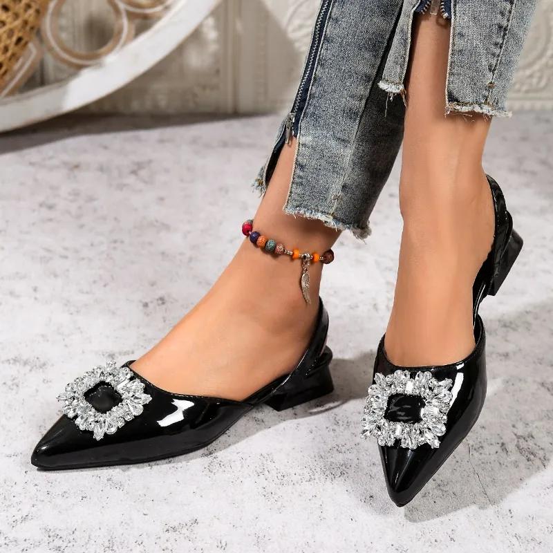 

Модные черные босоножки на каблуке прозрачная обувь 2025 женские черные со стразами средний острый закрытый новый весенний гладиатор для девочек 35 чёрный