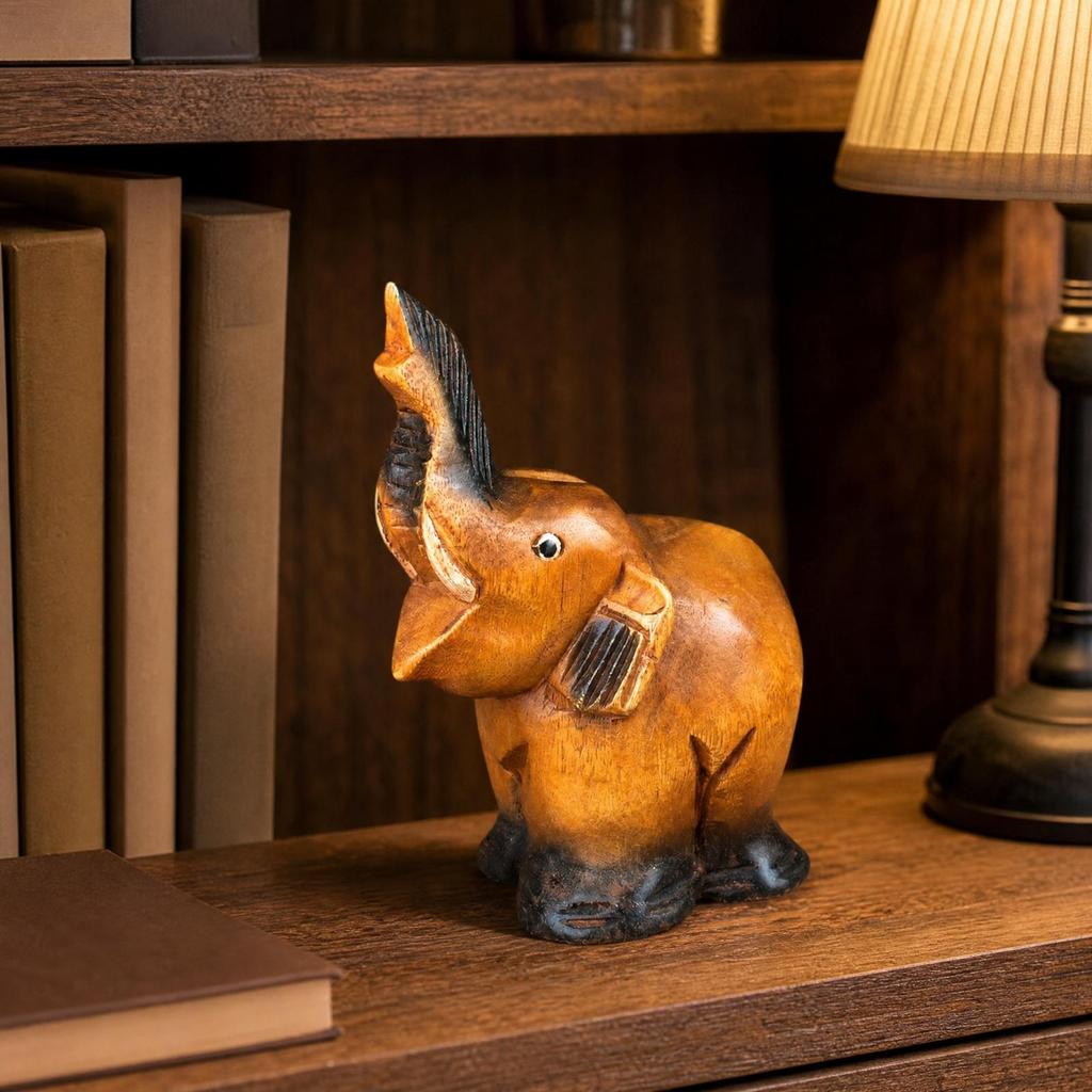 Hand-Carved Teak Wood Elephant Figurine Warm-Toned Wooden
