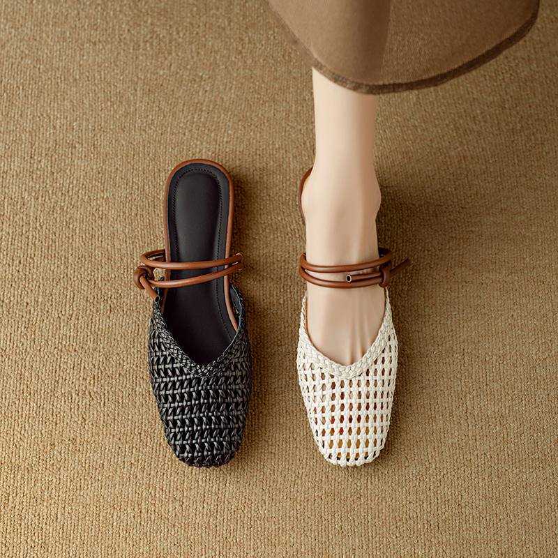 Krazing Pot Microfiber Mules Weaving Summer Size 41 Low Heels Slingback Party Shoes Women Square Toe Gladiator Hollow Out Pumps
